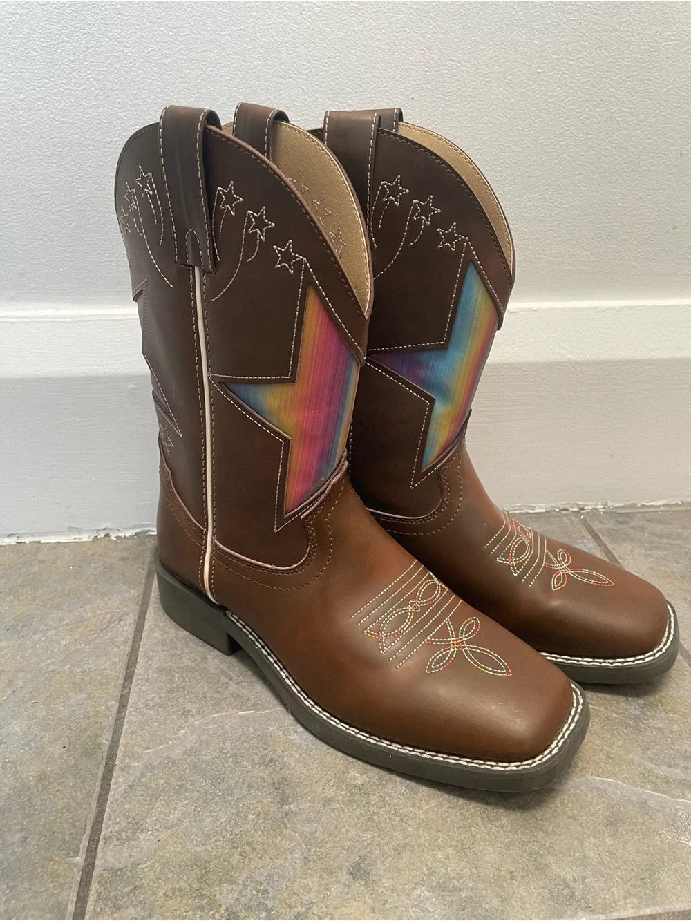 Shyanne Brown Kids Cowboy Boots with Rainbow Star Panels